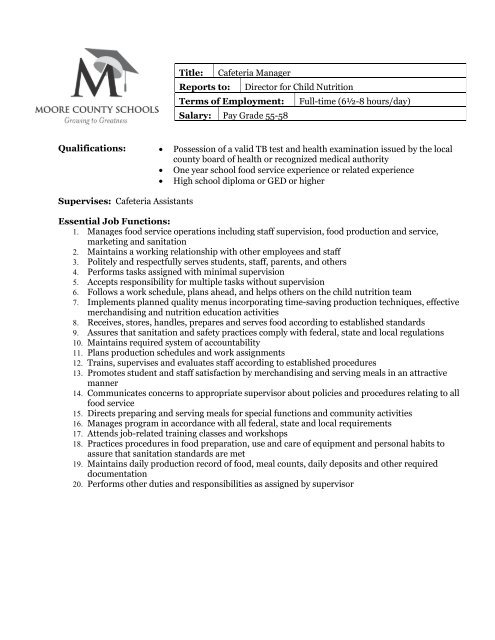 Job Description - Cafeteria Manager - Moore County School System