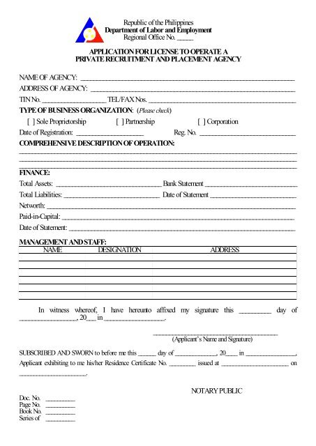 Application for License to Operate a Private Recruitment and 