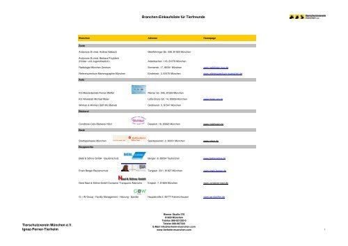 Branchen-Einkaufsliste für Tierfreunde - Tierheim München