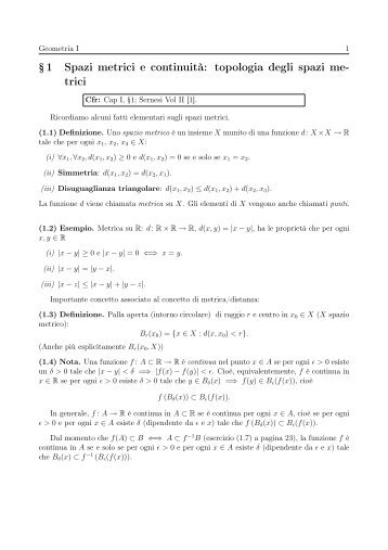 1 Spazi metrici e continuitÃ  - Matematica e Applicazioni