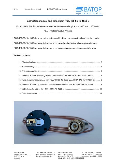 Photoconductive THz antenna for 1550 nm laser ... - BATOP GmbH