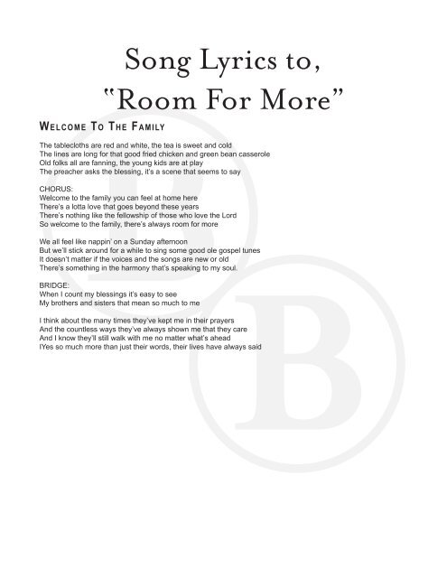 Song Lyrics to, “Room For More” - Booth Brothers
