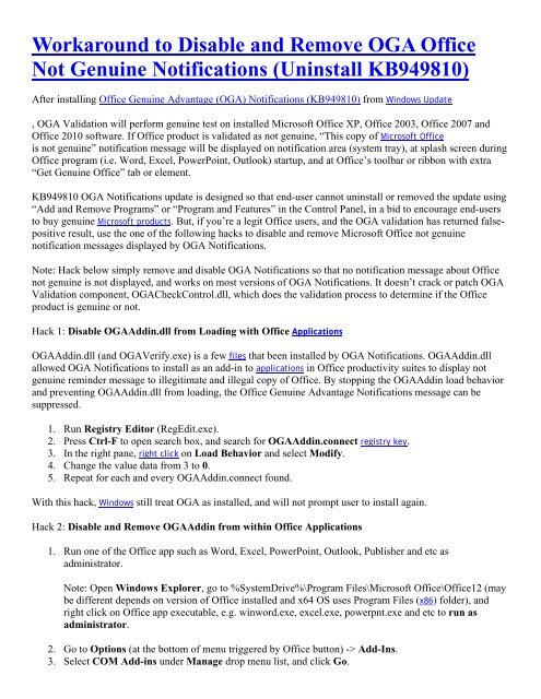 Workaround to Disable and Remove OGA Office Not Genuine ...