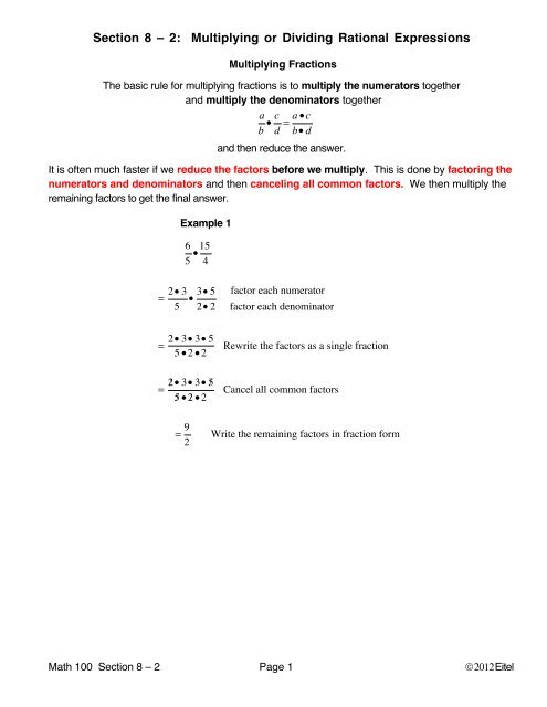 Section 8 – 2: Multiplying or Dividing Rational Expressions