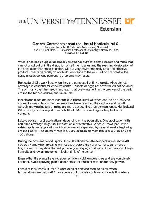 General Comments about the Use of Horticultural Oil - UT Extension