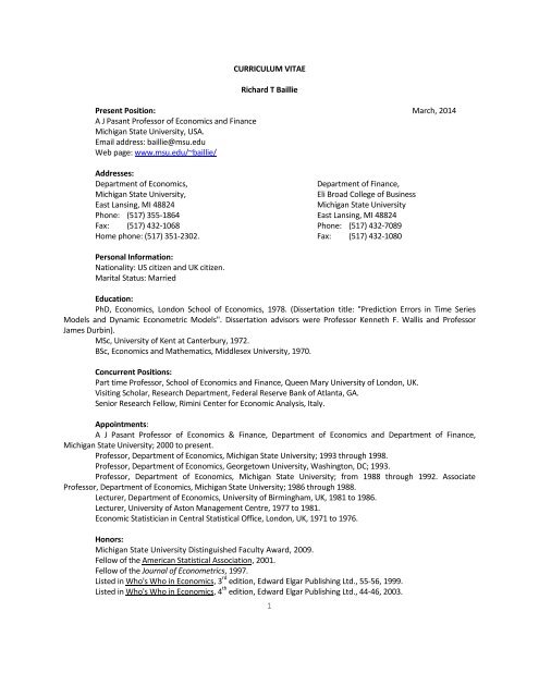 CURRICULUM VITAE Richard T Baillie - Department of Economics ...