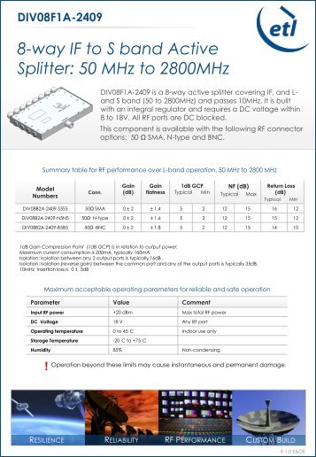 8-way IF to S band Active Splitter: 50 MHz to 2800MHz - ETL Systems