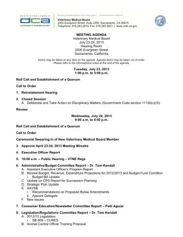 MEETING AGENDA Veterinary Medical Board July 23-24, 2013 ...