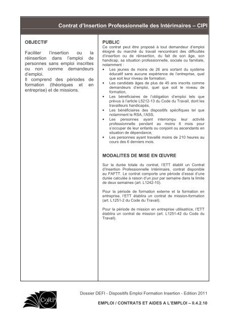 Dossier DEFI - Dispositifs Emploi Formation Insertion - C2RP