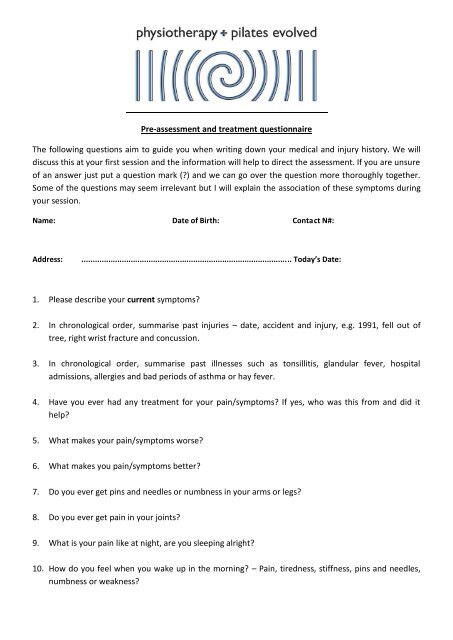Pre-assessment and treatment questionnaire - Physiotherapy and ...