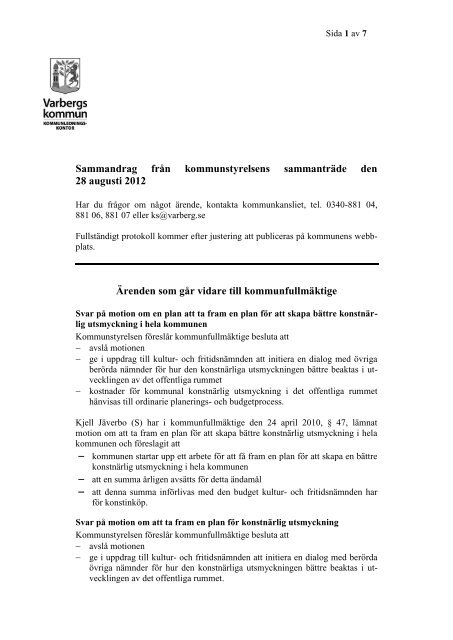 Sammandrag från kommunstyrelsens sammanträde den 28 augusti ...