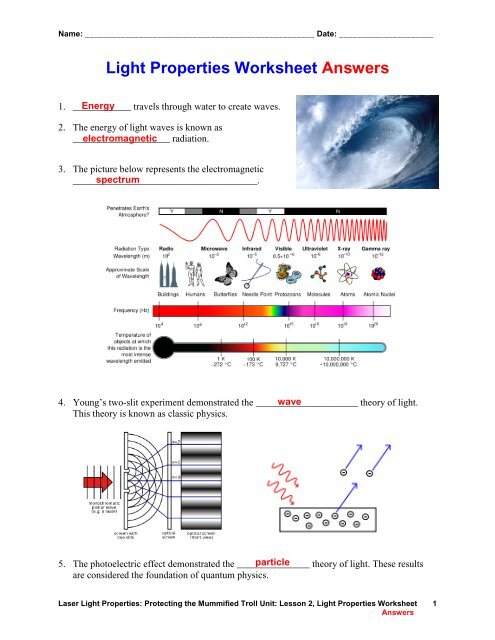 Light Properties Worksheet Answers (pdf) - Teach Engineering