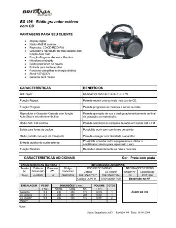 BS 196 - Rádio gravador estéreo com CD - Britânia
