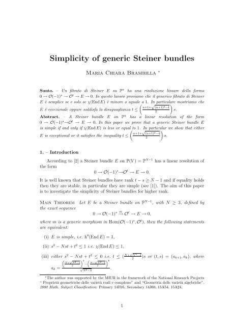 Simplicity of generic Steiner bundles - Dipartimento di Matematica e ...