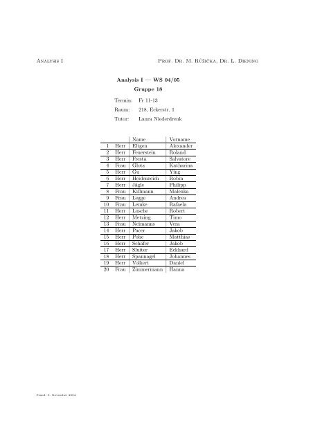 Analysis I Prof. Dr. M. Ruzicka, Dr. L. Diening Analysis I — WS 04/05 ...