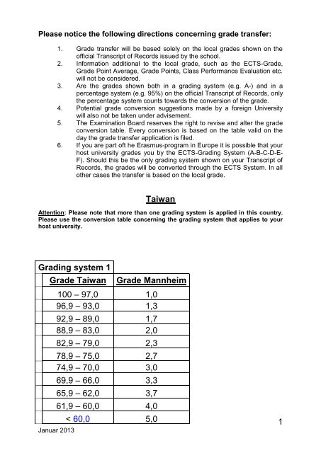 1 Taiwan Grading system 1 Grade Taiwan Grade Mannheim ... - BWL