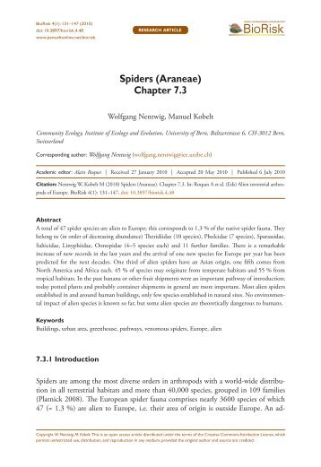 Spiders (Araneae). Chapter 7.3 - Pensoft Publishers