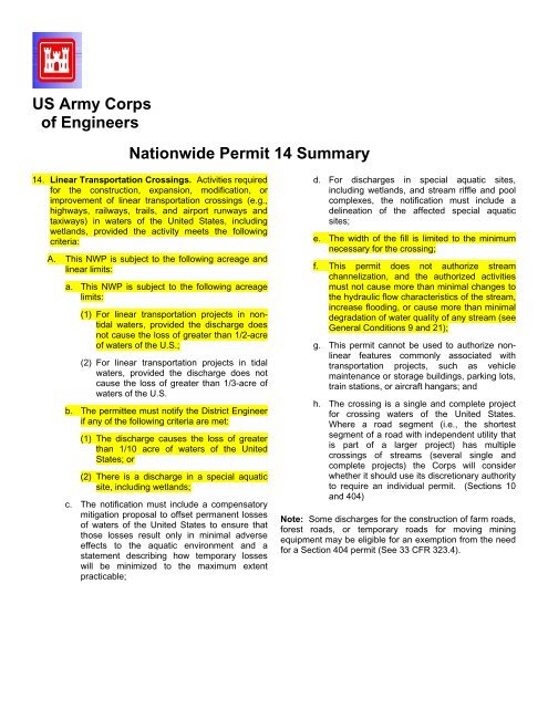 Nationwide Permit 14 Summary - Nebraska Department of Roads