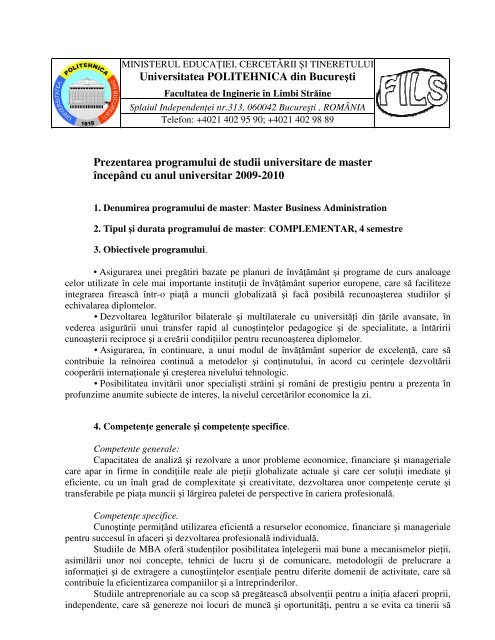 Universitatea POLITEHNICA din Bucureşti Prezentarea programului ...