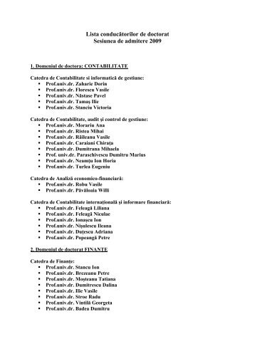 Lista conducătorilor de doctorat Sesiunea de admitere 2009