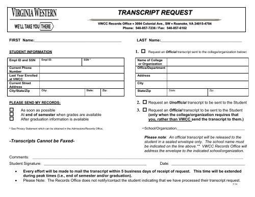 Transcript Request Form - Virginia Western Community College