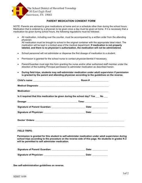 Parent Medication Consent Form - Haverford Township School District