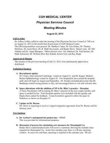 CGH MEDICAL CENTER Physician Services Council Meeting Minutes