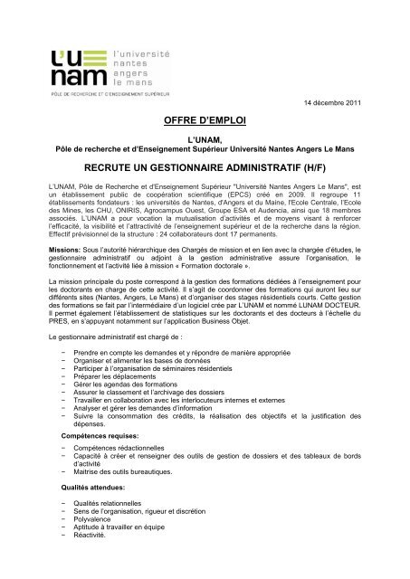 offre d'emploi recrute un gestionnaire administratif (h/f) - L'UNAM