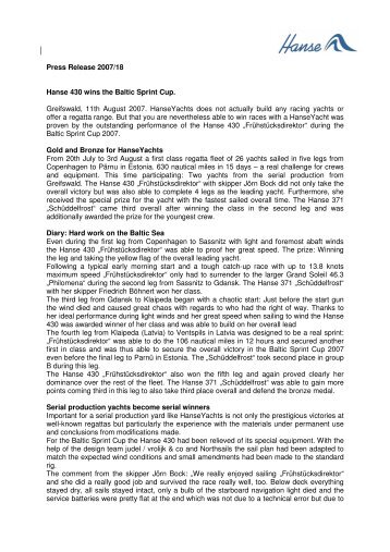 Press Release 2007/18 Hanse 430 wins the Baltic Sprint Cup ...