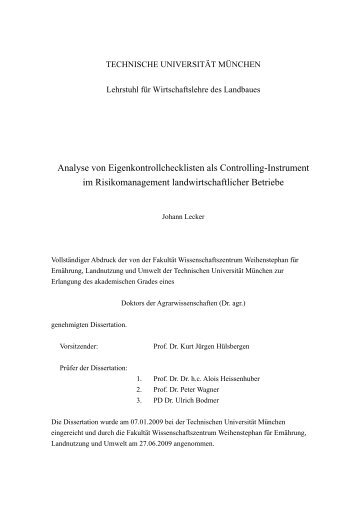 Analyse von Eigenkontrollchecklisten als Controlling-Instrument im ...