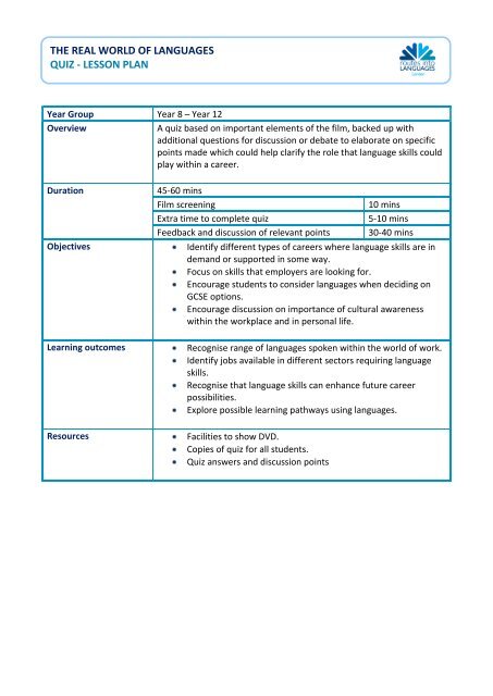 Quiz and Questionnaire Lesson Plan - Routes Into Languages