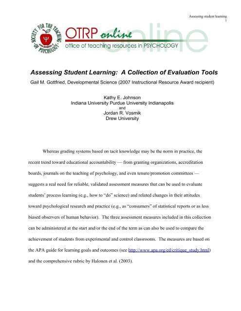 Assessment Of Student Learning Assessment Of Student Learning