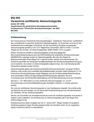 BGI 693 Verzeichnis zertifizierter Atemschutzgeräte