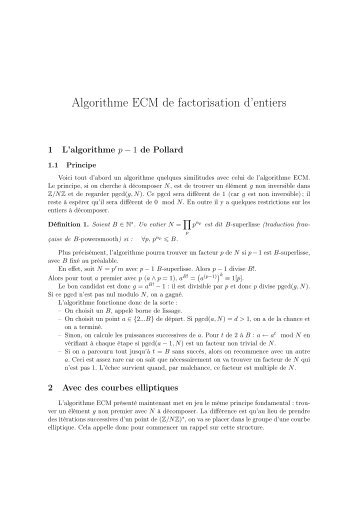 Algorithme ECM de factorisation d'entiers