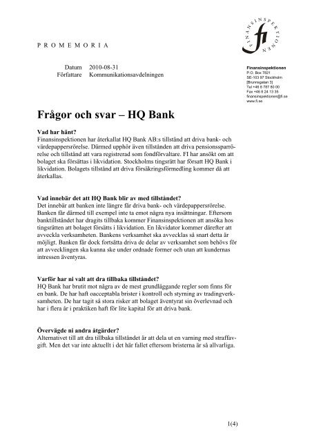 FrÃ¥gor och svar â HQ Bank - Finansinspektionen