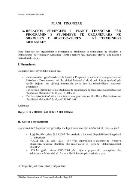 Plani financiar i Doktoratures - Fakulteti Inxhinierise Mekanike