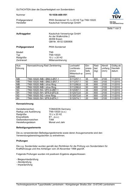 GUTACHTEN über die Dauerfestigkeit von Sonderrädern ... - Tomason