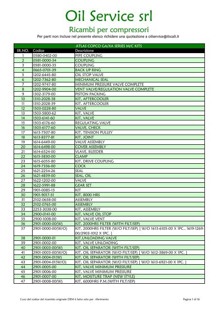 ricambi atlas copco ga-xa series m-c kits - Oil Service