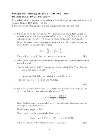 ¨Ubungen zur Vorlesung Analysis I – SS 2006 Blatt 7 Dr. Rolf Busam ...