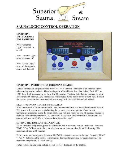 SAUNALOGIC CONTROL OPERATION - Superior Sauna &amp; Steam