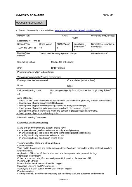 UNIVERSITY OF SALFORD FORM MS MODULE SPECIFICATION ...