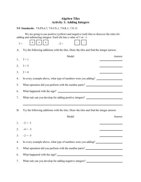 Algebra Tiles Activity 1: Adding Integers