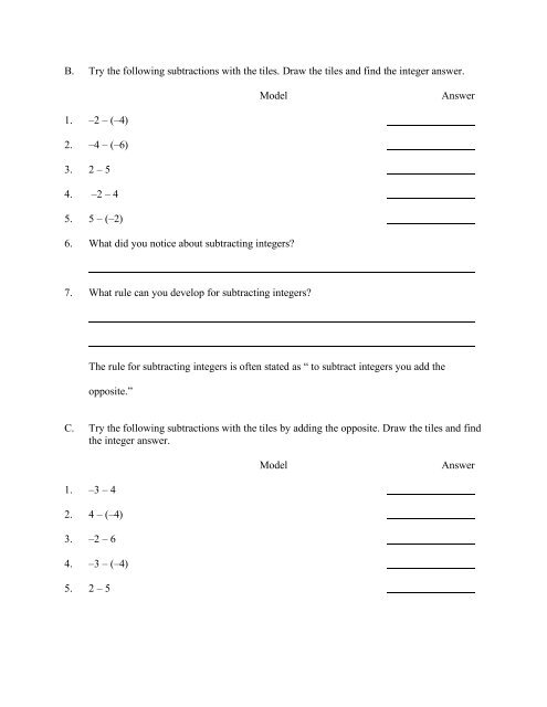 Algebra Tiles Activity 1: Adding Integers