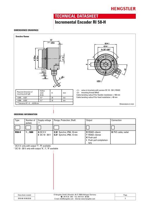 TECHNICAL DATASHEET Incremental Encoder ... - Hengstler GmbH
