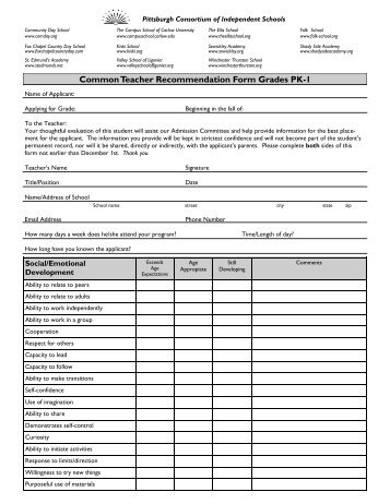 Common Teacher Recommendation Form Grades PK-1 - Sewickley ...