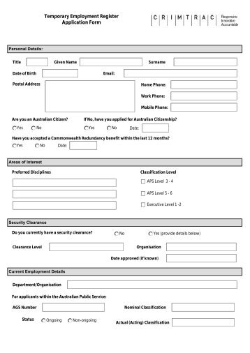 Temporary Employment Register Application Form - CrimTrac