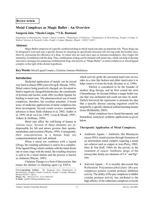 Metal Complexes as Magic Bullet - People's Journal Of Scientific ...