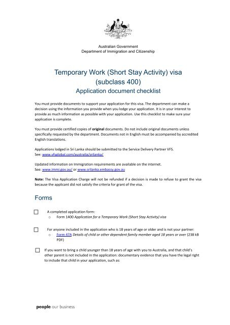 Il slap af kupon Temporary Work (Short Stay Activity) visa (subclass 400)