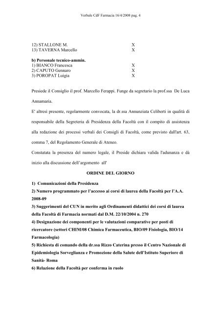 Verbale CdF 16-4-2008 - Farmacia - UniversitÃ  degli Studi di Bari