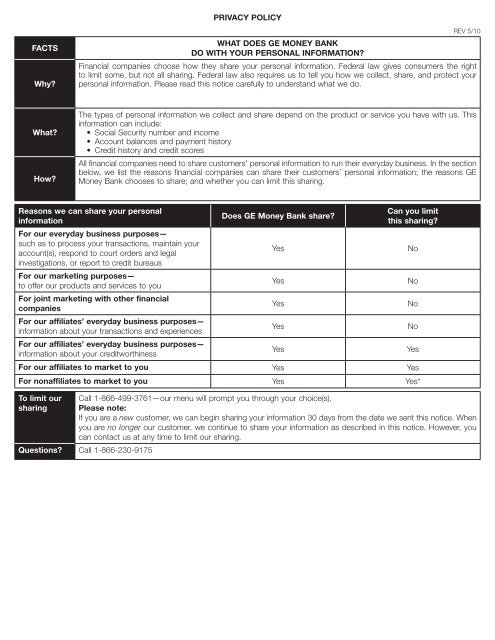PRIVACY POLICY FACTS WHAT DOES GE MONEY BANK DO ...